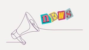 line drawing of a megaphone announcing "news" in magazine cutout letters